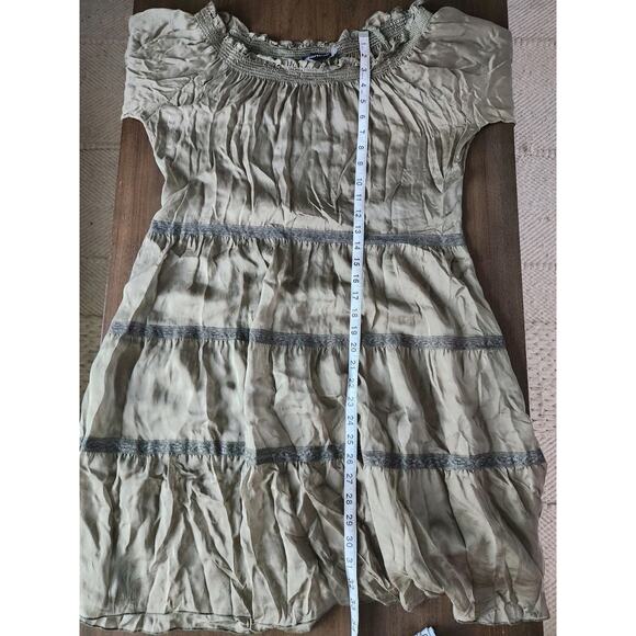 Josie Natori 100% Silk Green Tiered Sheer Off the Shoulder Mini Dress size 8 - Picture 7 of 7